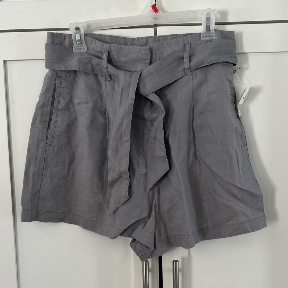 Artisan High-Waist Tie-Belt 100% Linen Shorts — Gray